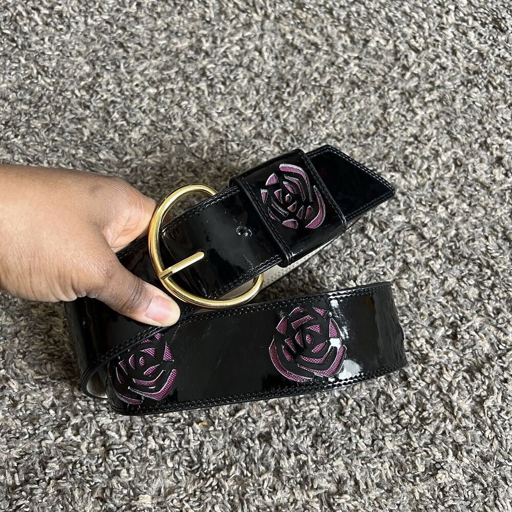 Betsy Johnson Belt Black Patent Pink Flower Cut Out Chunky Wide Waist Belt VTG M